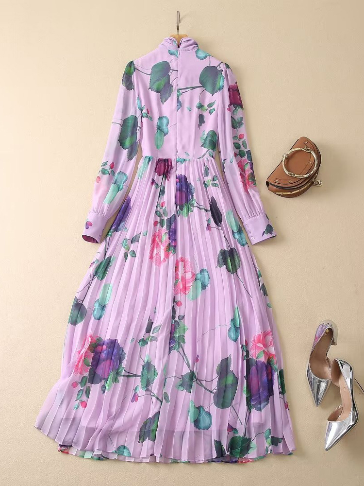 2023 Runway -ontwerper Spring bloemenprint Chiffon Jurk vrouwen elegante boogkraag lange mouw midi geplooide vakantie Boheemse vestidos