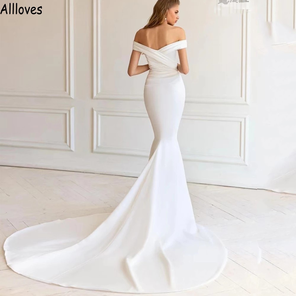 Minimalist Simple Satin Mermaid Wedding Dresses Fashion Boho Off The Shoulder Sexy Plus Size Bridal Gowns Sweep Train Elegant Ruched Trumpet Robes de Mariee CL1517