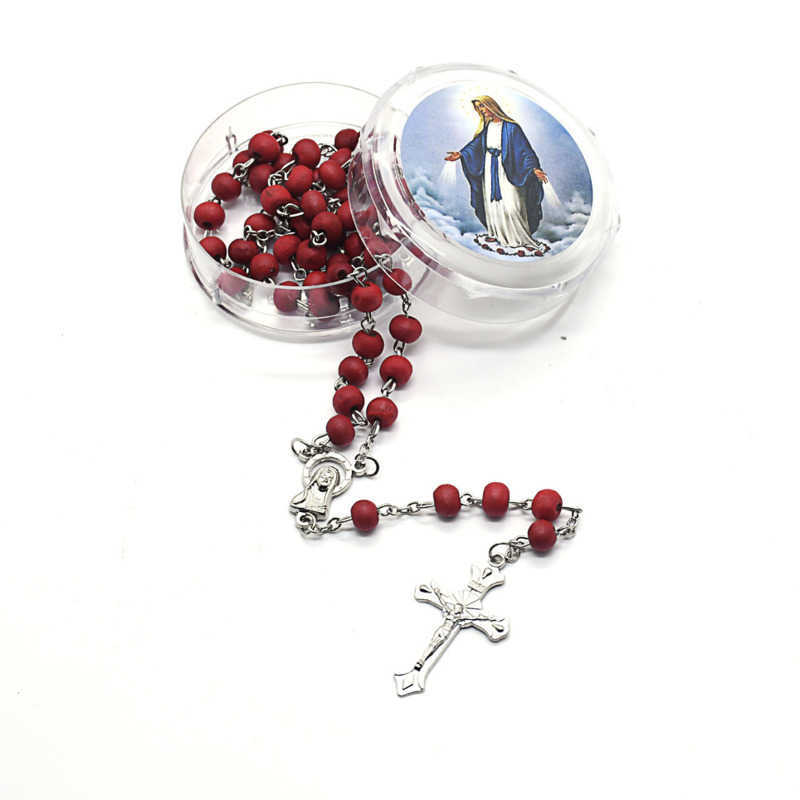 Random Color Rose Scented Perfume Wood Rosary Beads Inri Jesus Cross Pendant Necklace Catholic Religious Jewelry Christmas Gift