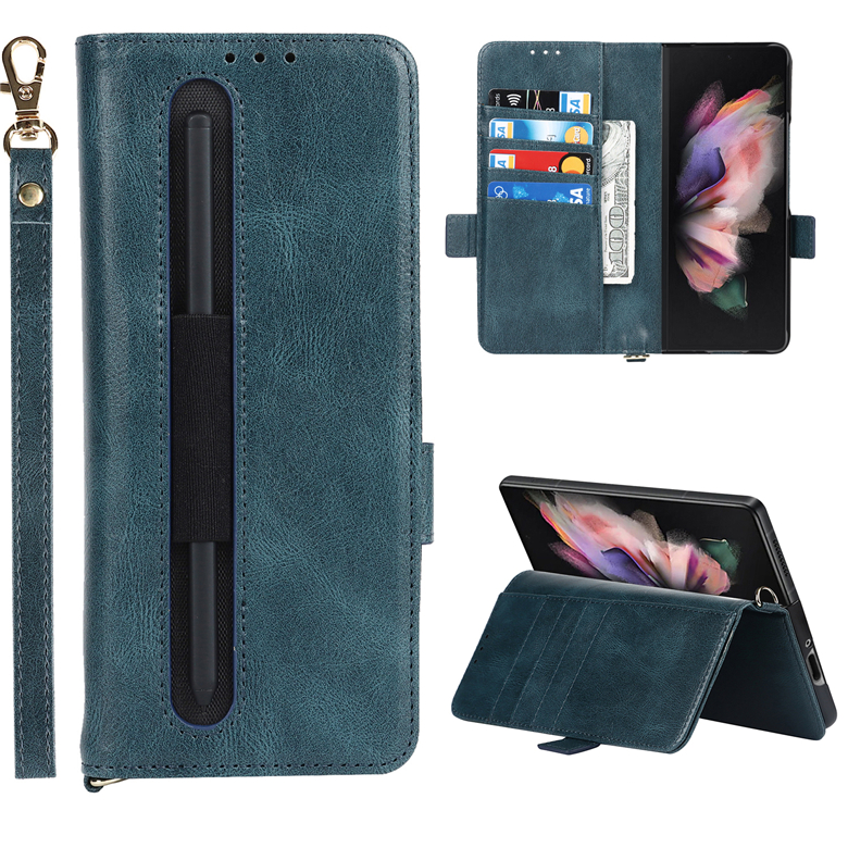 Retro Magnetic Flip Phone Cases for Samsung Galaxy Z Fold3 5G Multiple Card Slots Solid Leather Wallet Clutch Kickstand Protective Shell with Pen Slot Holder