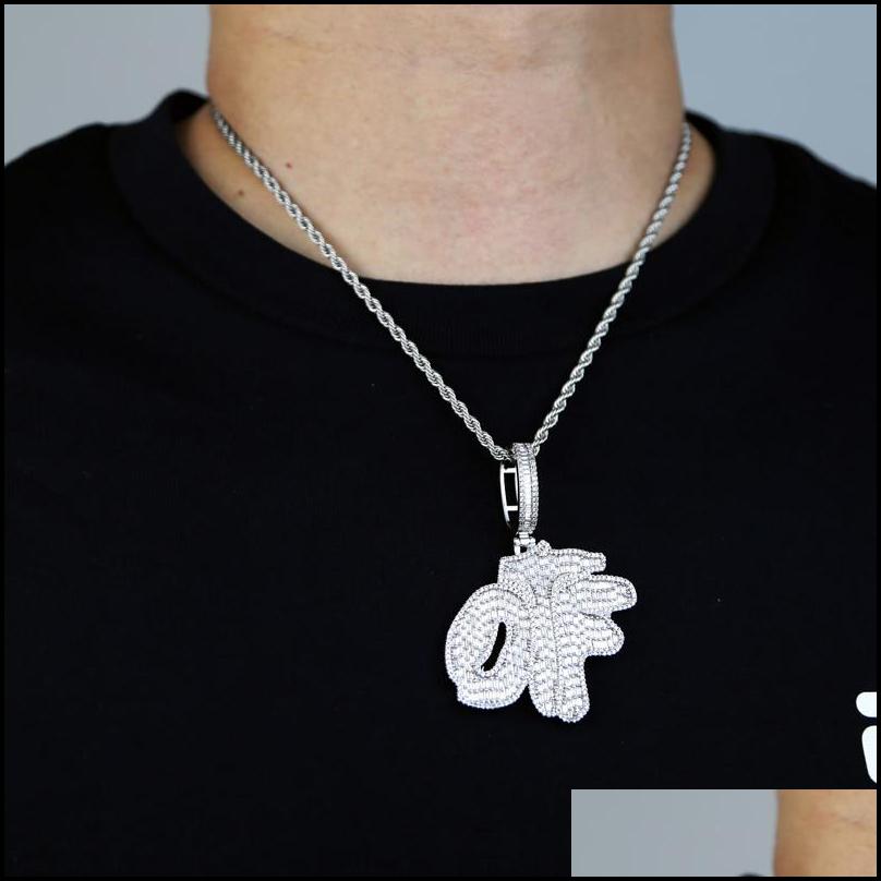 Pendentif Colliers Hommes Hip Hop Glacé Otf Lettre Pendentif Collier Bling 5A Zircon Cubique Pavé Tennis Chaîne Bijoux Goutte D Dhgar2318