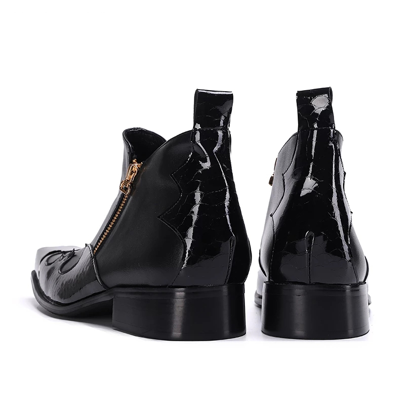 Bottines noires en cuir véritable pour hommes, nouveau Design, bottes à bout carré avec fermeture éclair, moto/fête/mariage, Botas Hombre