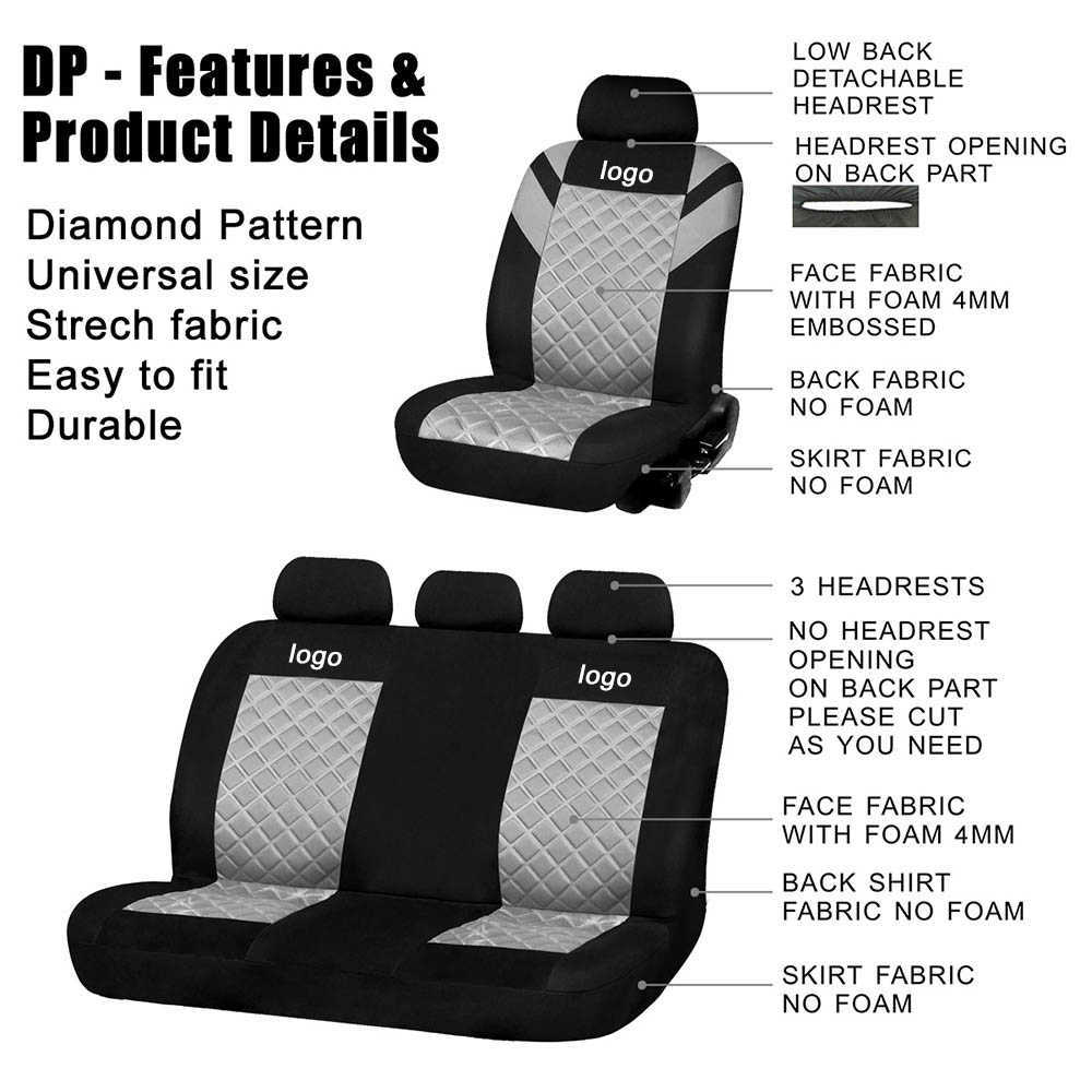 Universal Duster Printing Car Seat Cover Full Set Diamond Mönster präglad och 2 framsäten inre tillbehör