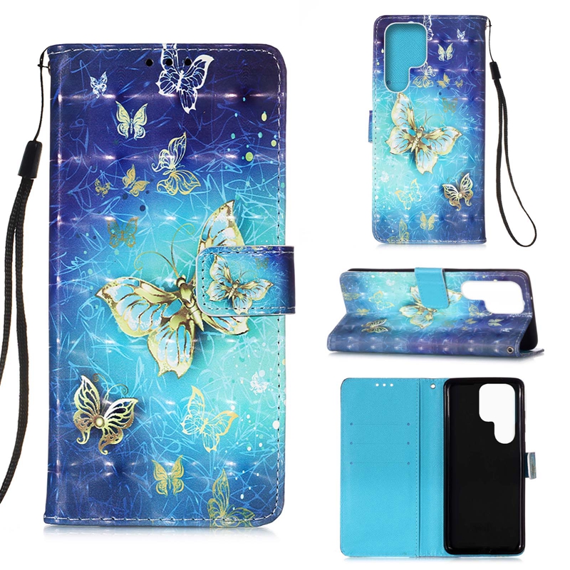 3D bloem vlinder lederen portemonnee hoesjes voor Samsung S23 Ultra A54 5G A14 S22 Plus A13 S20 FE Galaxy A42 Note 20 Schedel Dreamcatcher Flip Cover Houder Kaartzakjes Riem