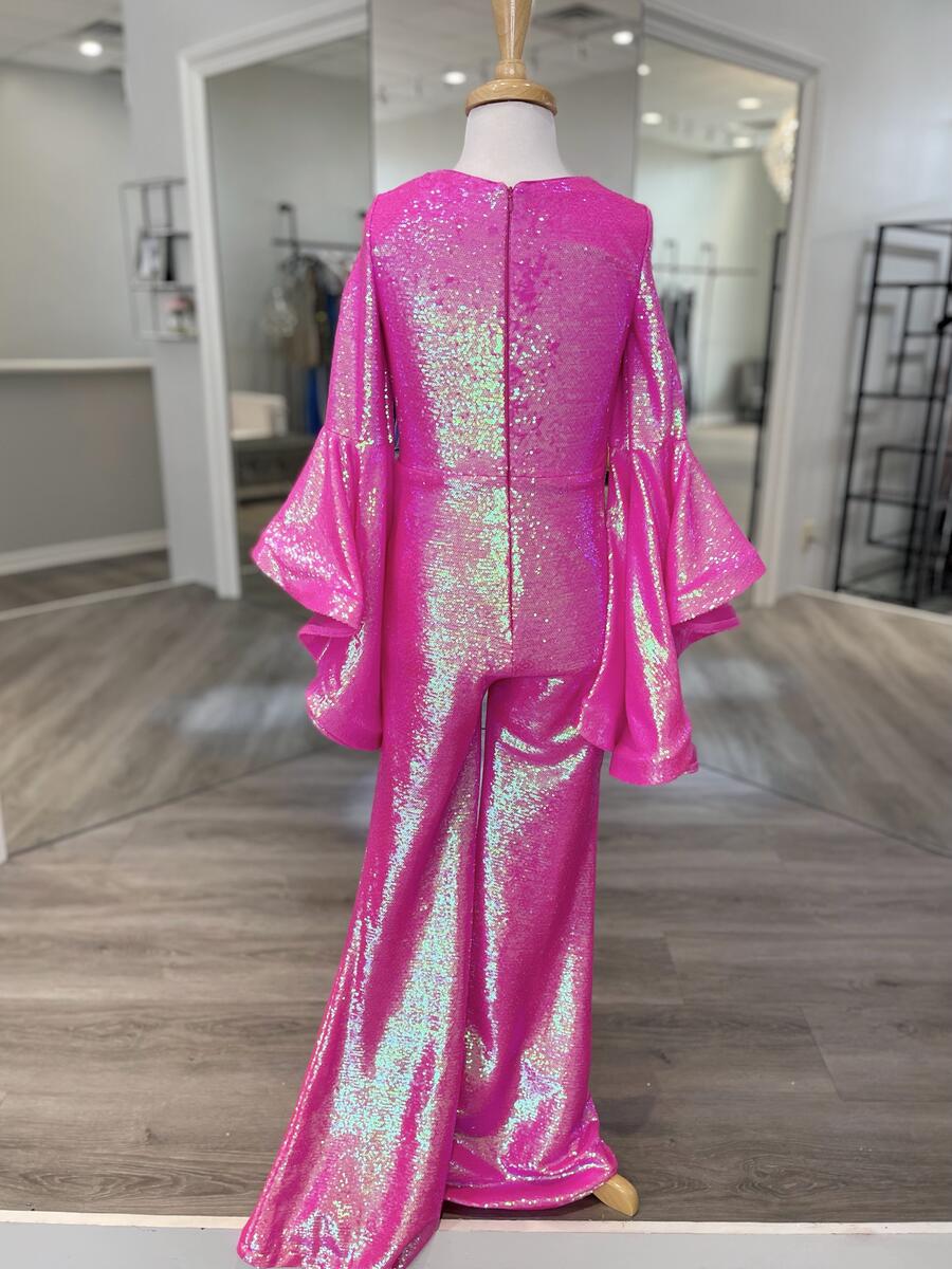 Fuchsia Girl Pageant Dress Jumpsuit 2023 Sequin Romper Bell Sleeves Little Kid Birthday Formal Party Gown Toddler Teens Preteen 70s vibes Blue Runway Fun-Fashion