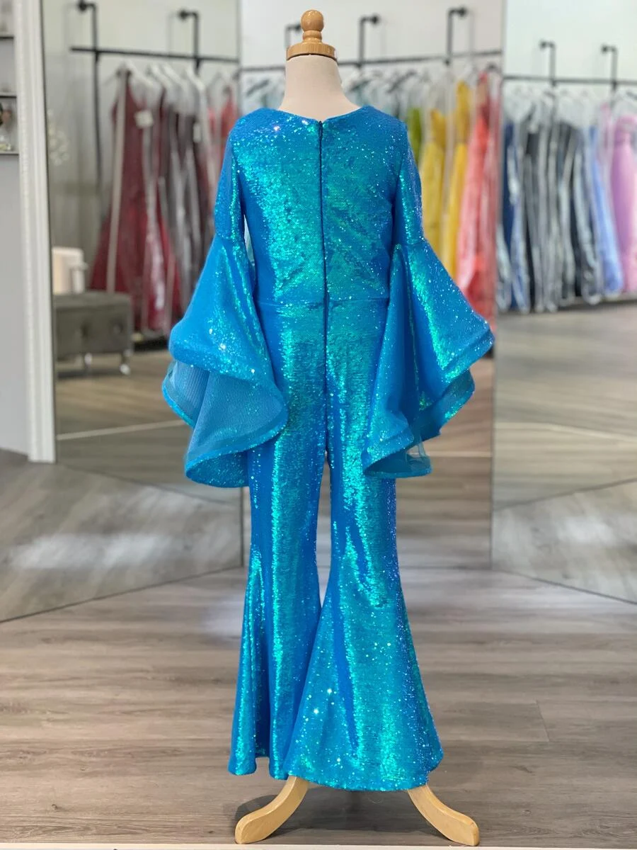 Fuchsia Fille Pageant Robe Combinaison 2023 Paillettes Barboteuse Manches Cloche Petit Enfant Anniversaire Robe De Soirée Formelle Enfant Ados Préadolescents Ambiance Années 70 Bleu Runway Fun-Fashion