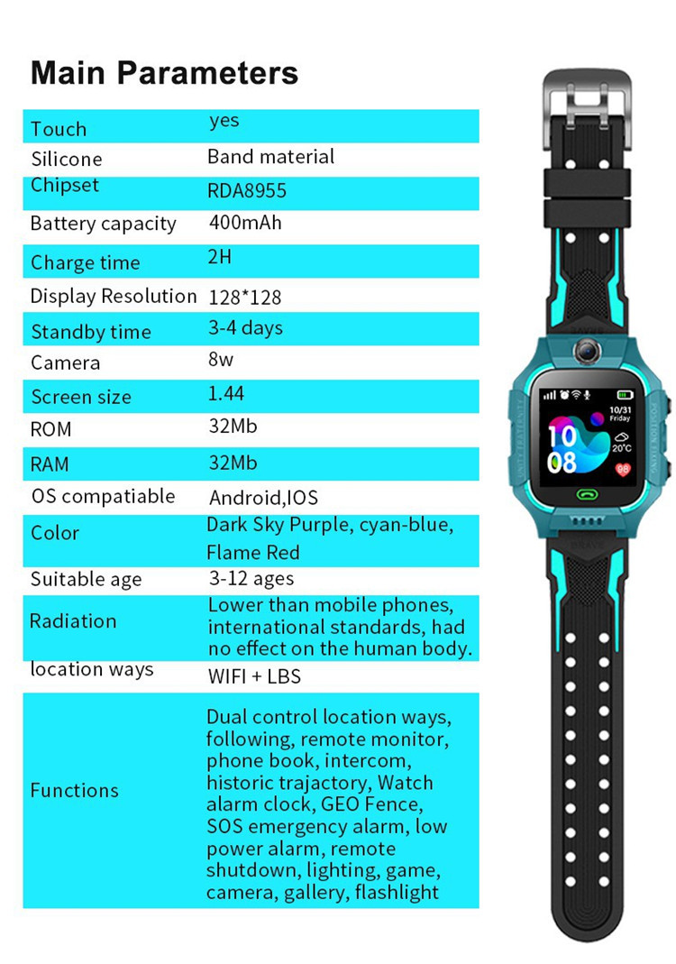 Q19 Smart Watch Orologio Sos Camera Baby Lbs Posizione Lacation Tracker Smart Kids Chat vocale Torcia bambini