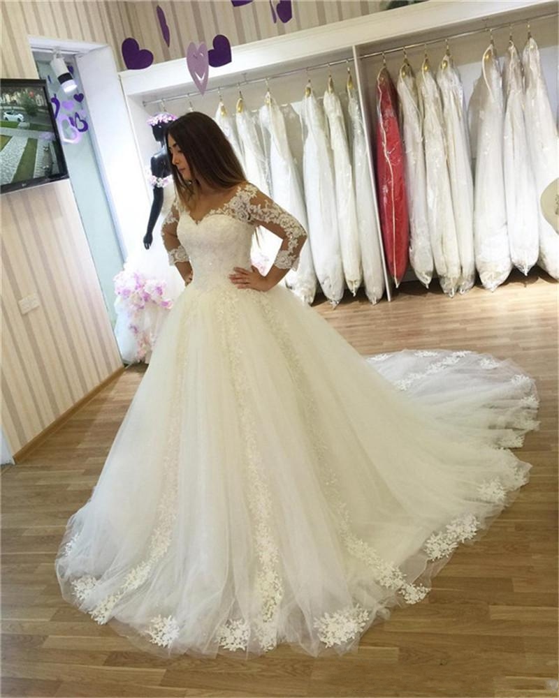 Vestido de ball vestido de ball vestidos de noiva 2023 vestido de noiva manga longa v vestido de noiva de espartilho pescoço com mangas gc1130
