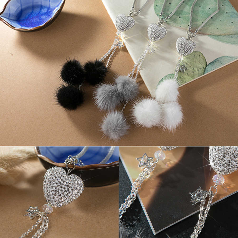 Car Decoration Pendant Mink Hair Crystal Diamond Ball Peach Heart Hanging Charms Rearview Mirror Ornament Accessories