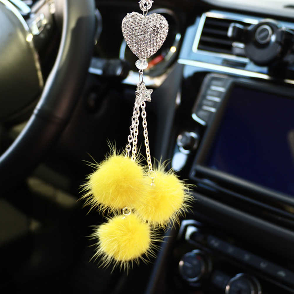 Car Decoration Pendant Mink Hair Crystal Diamond Ball Peach Heart Hanging Charms Rearview Mirror Ornament Accessories