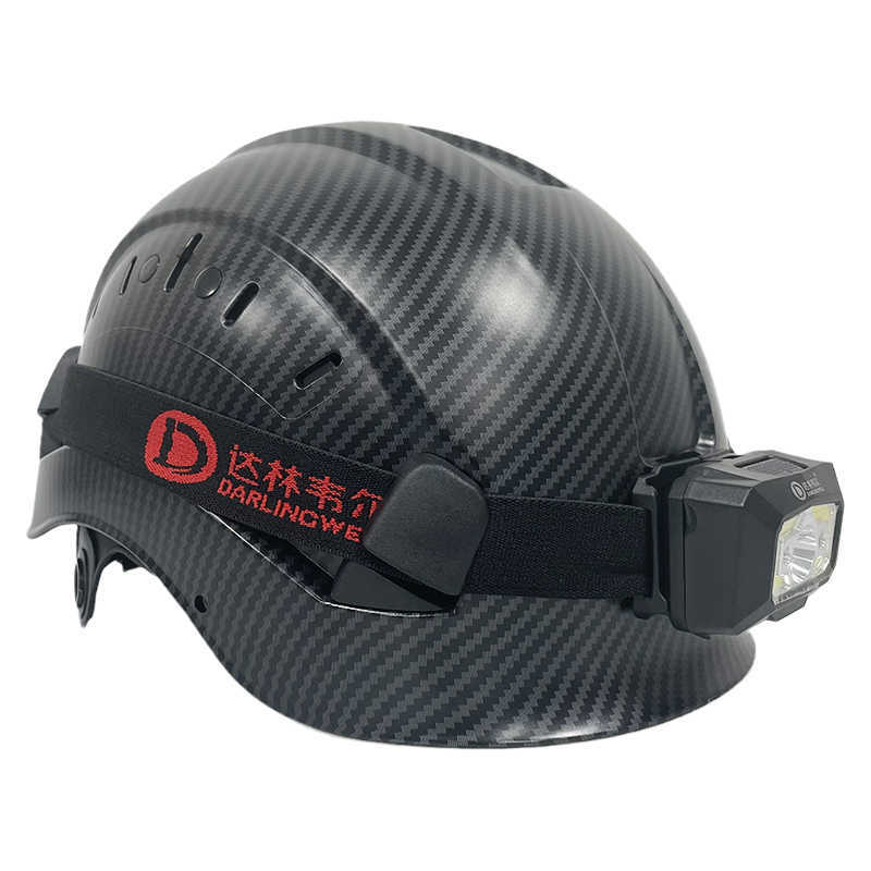 Capacete de segurança de cor de fibra de carbono com farol de LED CE EN397 ABS capacete de segurança ANSI trabalho industrial à noite proteção da cabeça