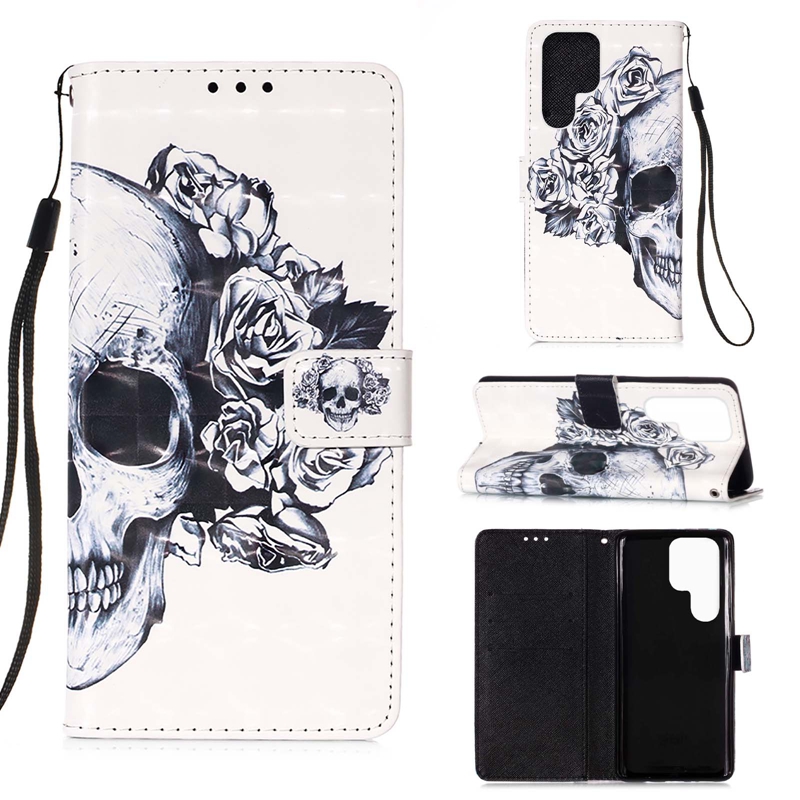 3D Flower Leather Wallet Falls för iPhone 15 14 Plus Pro 13 12 11 XS Max XR X Sea Skull Lace Butterfly Eiffel Tower Unicorn Flip Cover Book Credit ID Card Slot Pouch Strap