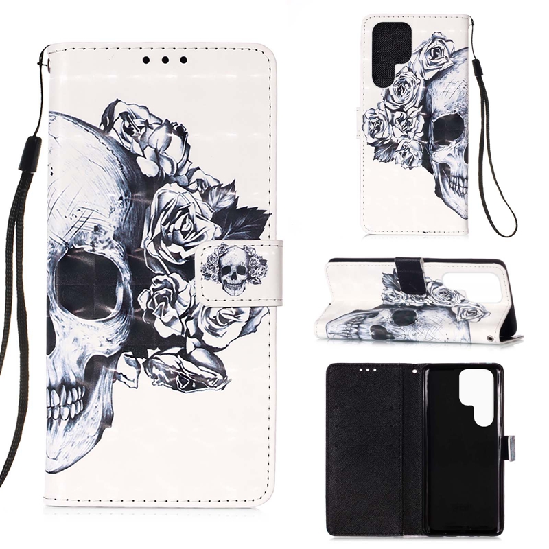 Étuis portefeuille en cuir de papillon de fleur 3D pour Samsung S23 Ultra A54 5G A14 S22 Plus A13 S20 FE Galaxy A42 Note 20 Skull Dreamcatcher Flip Cover Holder Card Pouches Strap