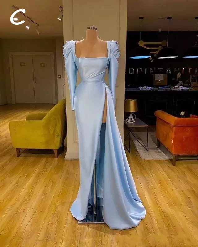Bleu ciel clair robes de soirée élégantes arabe Aso Ebi Slim Fit ruché occasion formelle robes de bal balayage train femmes deuxième réception robe de soirée Robe de soirée CL1519
