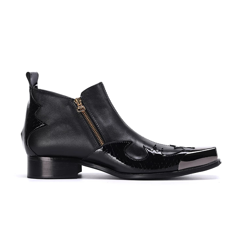 Bottines noires en cuir véritable pour hommes, nouveau Design, bottes à bout carré avec fermeture éclair, moto/fête/mariage, Botas Hombre