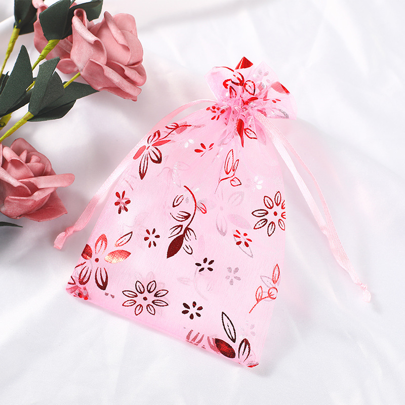 Organza Bags 9X12cm Small Jewelry Pouch with Drawstring Heart Flowers Pattern Mesh Gift Wrap for Wedding Party Favors