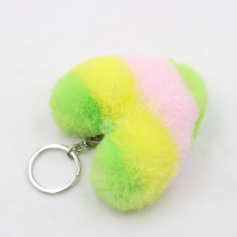 Chave de peles de coelho artificial cor listrada de pompom Keychain Bag Ring Key Love Pinging Decoration