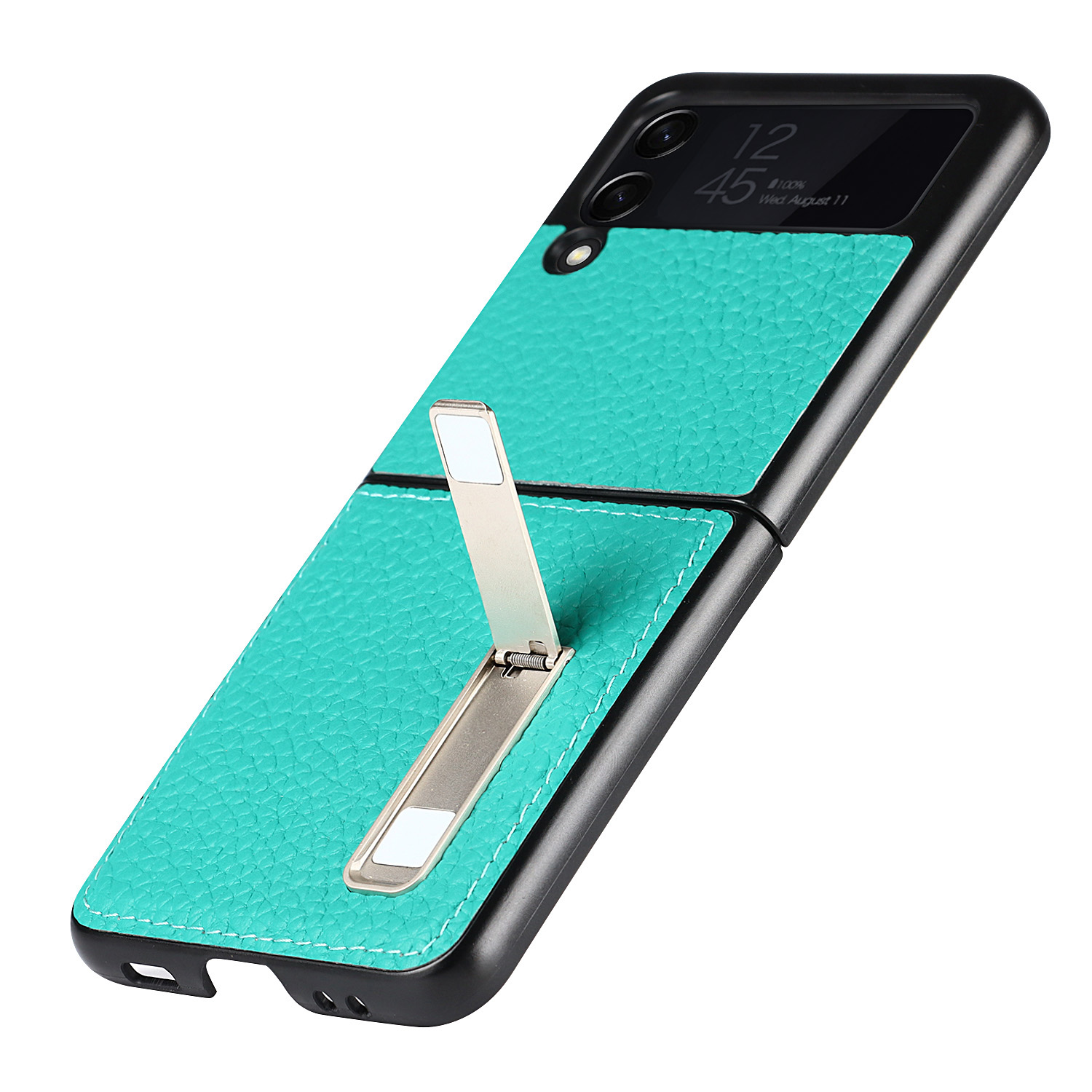 ￄkta Lychee Grain Leather -telefonfodral f￶r Samsung Galaxy Z Flip3 5G Magnetic Invisible Bracket Solid Color Business Protective Shell Suffproof