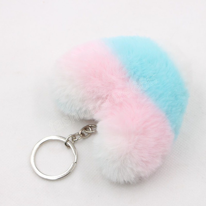 Chave de peles de coelho artificial cor listrada de pompom Keychain Bag Ring Key Love Pinging Decoration