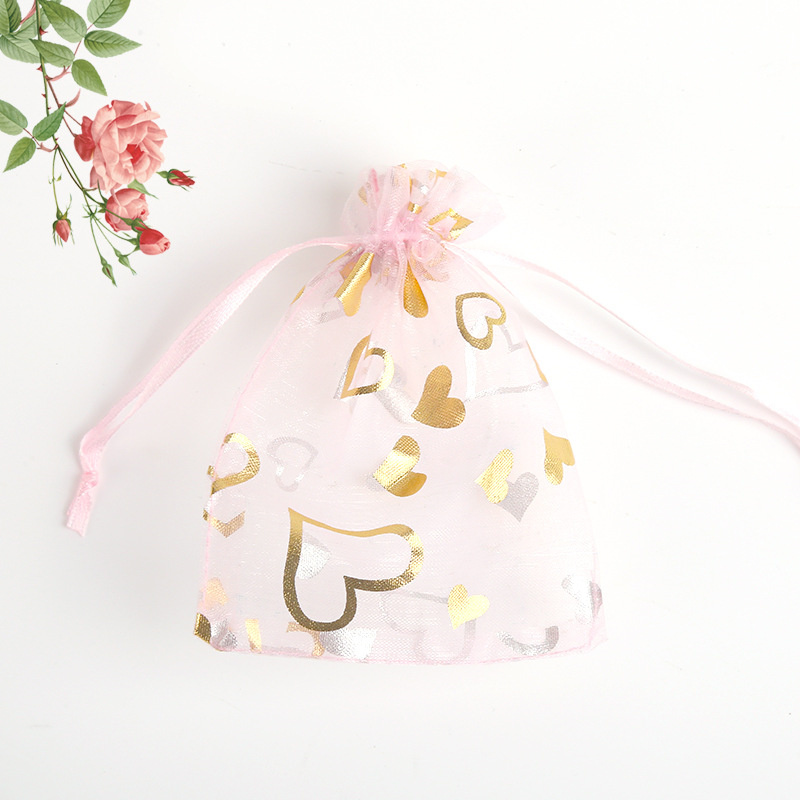 / Colorful Drawstring Organza Bags Heart Flowers Printing Jewelry Gift Wrap Packaging Bags for Wedding Party Baby Shower