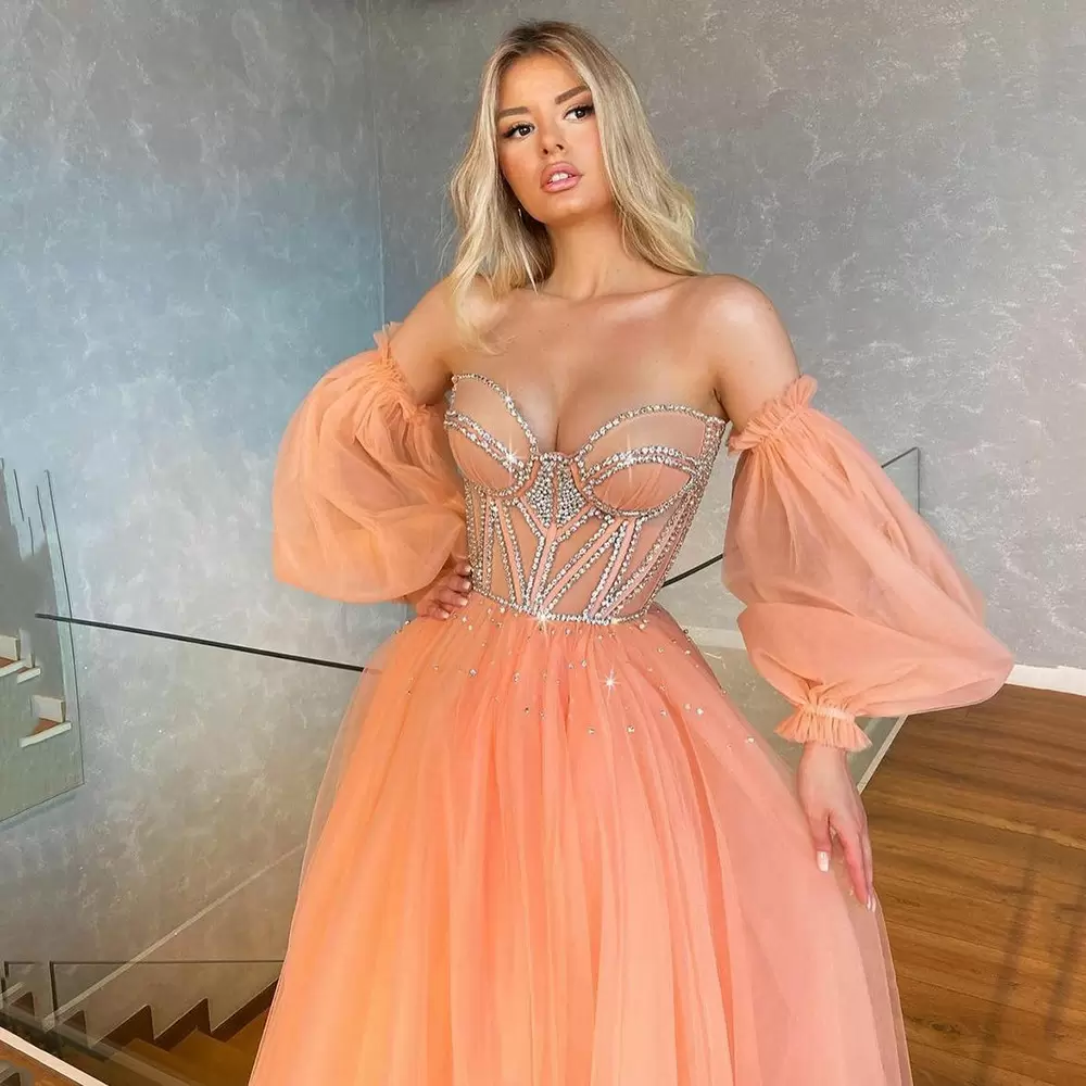 Burnt Organt A Line Princess Prom Dresses for Women Beads Plus Size Sweetheart Crystals Puffy Long Sleeves Tulle Formal Wear Party Gowns Custom Made