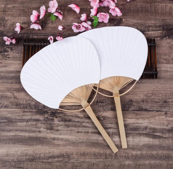 Party Supplies White Round Hand Fans with Bamboo Frame and Handle Wedding Party-Favors Gifts Paddle Paper Fan SN385