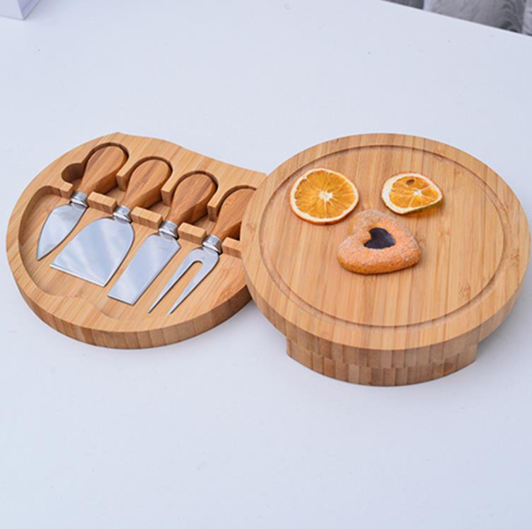 Bamboo Cheese Board and Knife Set Tools Round Charcuterie Boards Swivel Meat Platter Holiday Housewarming Gift Kitchen Tools SN4257