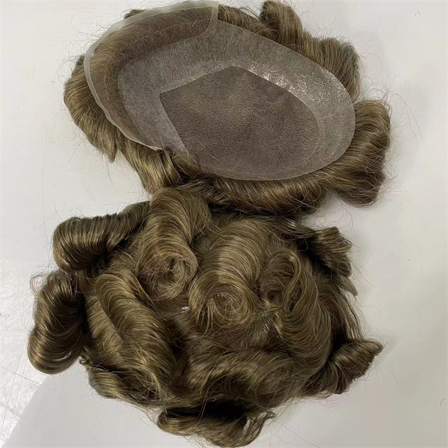 Indian Virgin Human Hair Piece Light Brown 32mm wave Hollywood Toupee PU with Swiss lace Unit for men