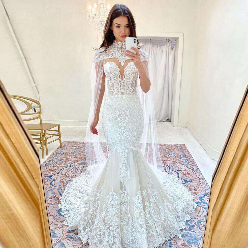 Caped Mermaid Lace Wedding Dress 2023 Elegant Floor Length Country Boho Bride Dress Chic Vestido De Novias Women Novelty Robe Mariage Bohemian Bridal Gowns