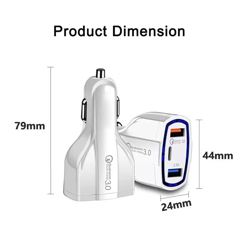 3 Ports LED-billaddare 3.5A QC3.0 PD Type-C USB C Snabbladdningsladdare f￶r Samsung S22 S21 iPhone 11 12 13 14 Pro Max Android-telefon Snabbladdare Fordonsadapter