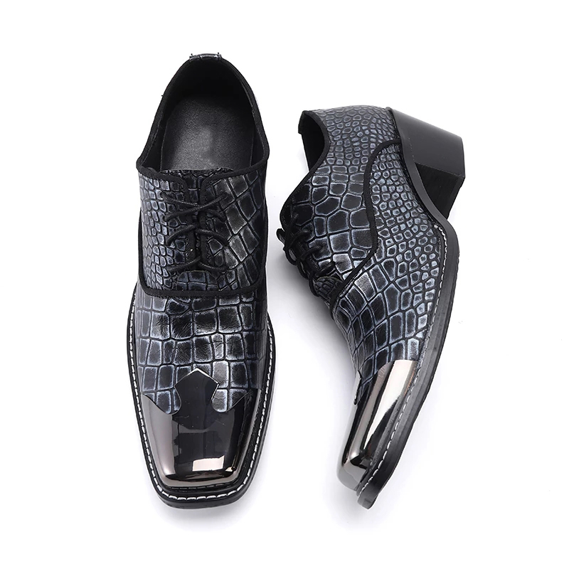 Sapatos masculinos de moda Lace-up de 6,5 cm de salto alto vestido de couro para homens sapatos de dedo de pé quadrado festas de negócios e sapatos de casamento masculino macho