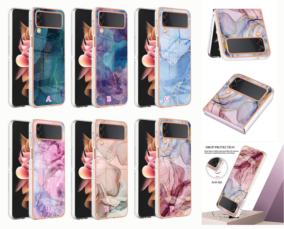 Fashion Bling Marble Cases For Samsung Z Flip 4 3 5G Flip4 Flip3 Zflip4 2.0MM Plating Metallic Soft Chromed TPU Rock Stone Granite Shockproof Folding Phone Back Cover