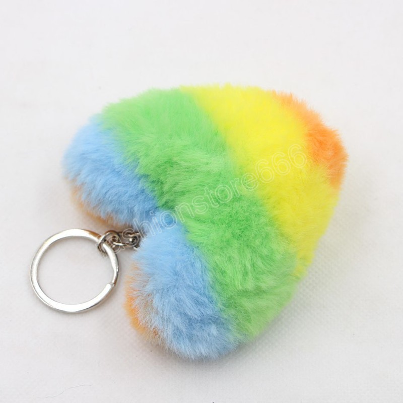 Chave de peles de coelho artificial cor listrada de pompom Keychain Bag Ring Key Love Pinging Decoration