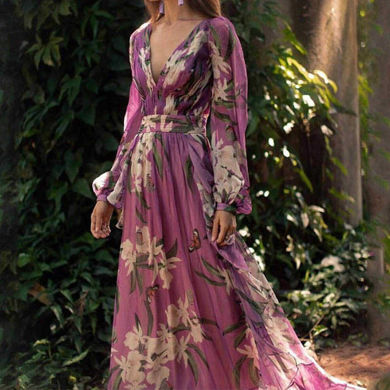 Sukienki imprezowe grosfairysummer kobiety v szyja długi rękaw flroal print fioletowa sukienka 2021 Nowa szata na bal