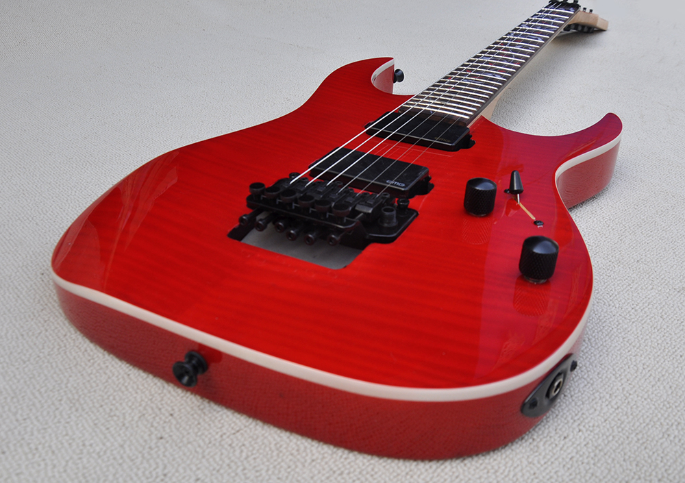 Factory Custom Red Electric Guitar with Rosewood Fretboard Black Hardware Flower fret inlay Flame maple veneer Can be Customized