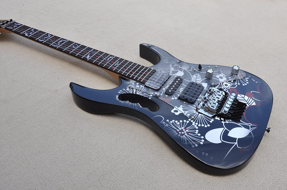 Factory Custom Electric Guitar With Flower Pattern Floyd Rose Bridge Chrome Hardware rosewood fretboard 24 Frets Can be customized