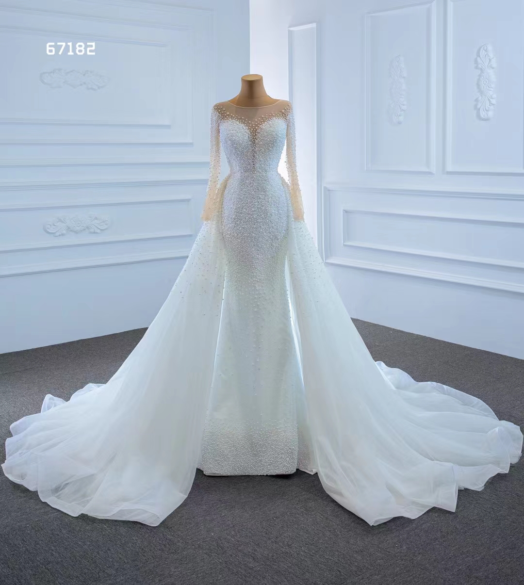 Prinsessan långärmad kristall spets sjöjungfru bröllopsklänning klänning de mariage elegant sm67182