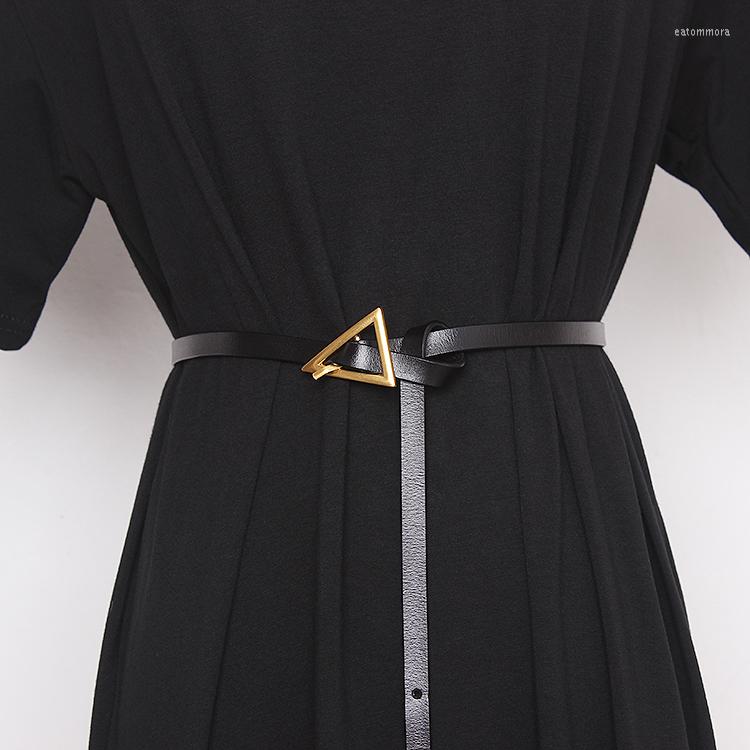 Cintos femininos cinto de couro casual metal dourado triângulo fivela preto marrom genuíno cintura vestido 2022 designer fashion2919