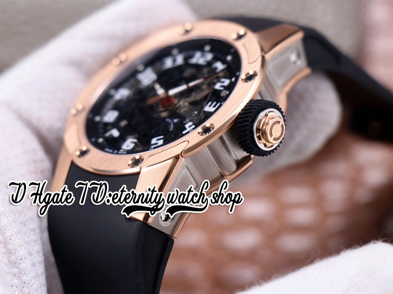 V9F 2022106301 CRMA3 Orologio meccanico automatico da uomo Lancette vertiginose Cassa in acciaio oro rosa Quadrante scheletrato Cinturino in caucciù nero Ultimi orologi eternità Super Edition