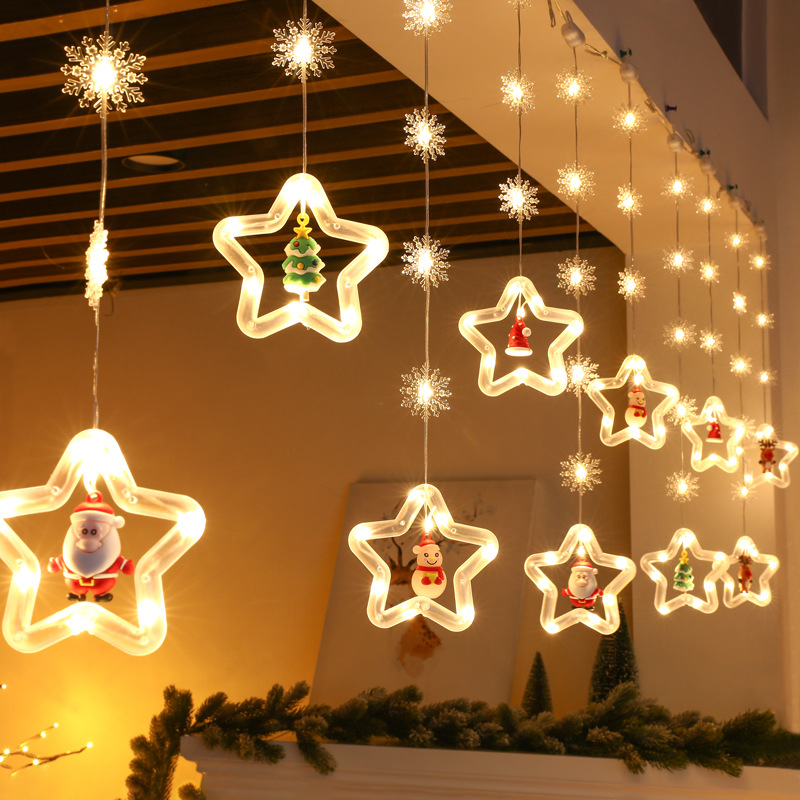 Luzes de cortina LED String Decoração de Natal Star Light com ornamentos Luzes de janela de brinquedo USB 8 Modos de trabalho