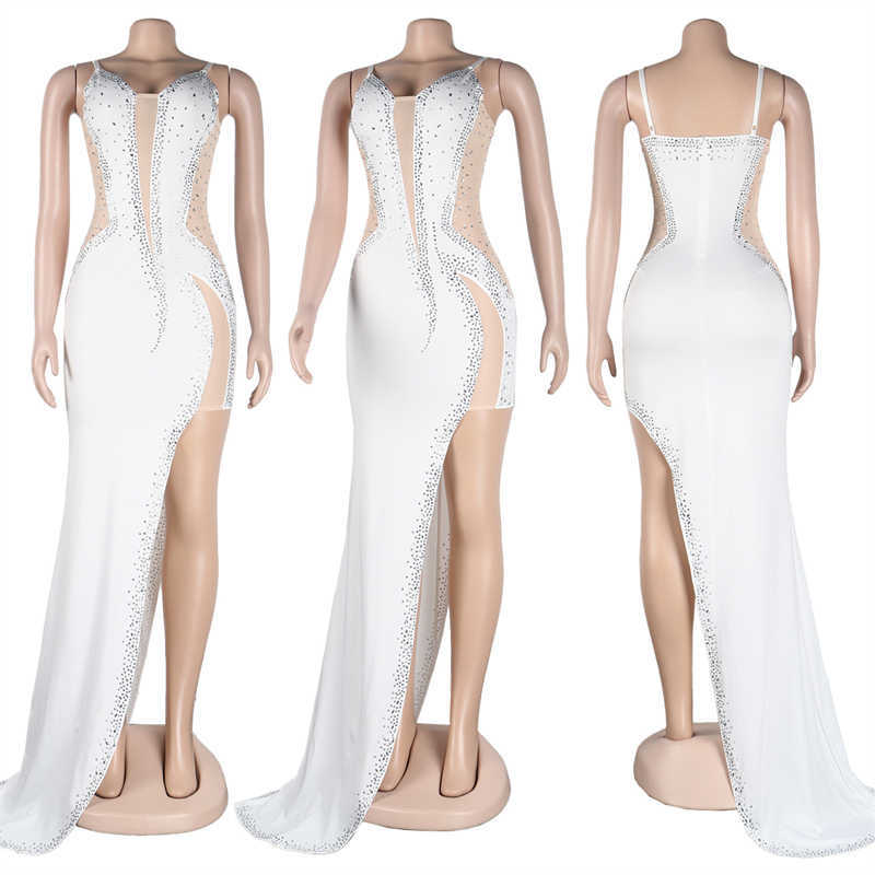 Robes de soirée Adogirl Sexy maille transparente diamants Maxi Robe de soirée femmes bretelles Spaghetti dos nu côté fendu moulante longue Robe Robe de soirée T220930