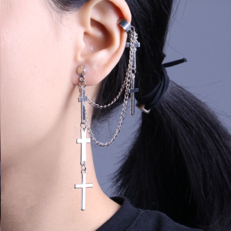 Punk Men Mulheres Brincos de charme clipe Cross Tassel Chain Ear embrulhe