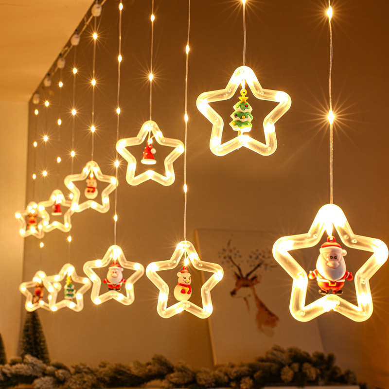 Curtain Lights LED String Christmas Decor Star Light with Ornament Toy Window Lights USB 8 Working Modes