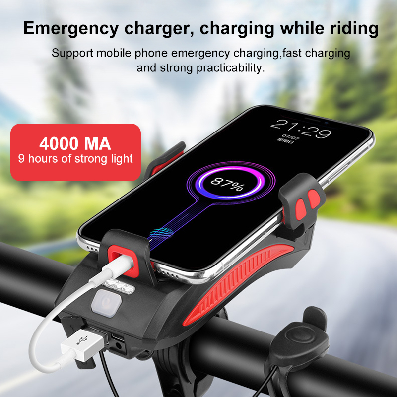 Lumières de vélo multifonction 4 en 1 lumière lampe de poche klaxon de vélo alarme cloche support de téléphone batterie externe vélo accessoires vélo avant lumière 220930