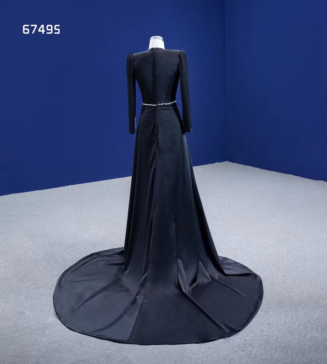 Kleid für besondere Anlässe, tiefer V-Ausschnitt, schwarzes, seitlich geschlitztes Party-Langarm-Kristall-elegantes Abendkleid SM67495