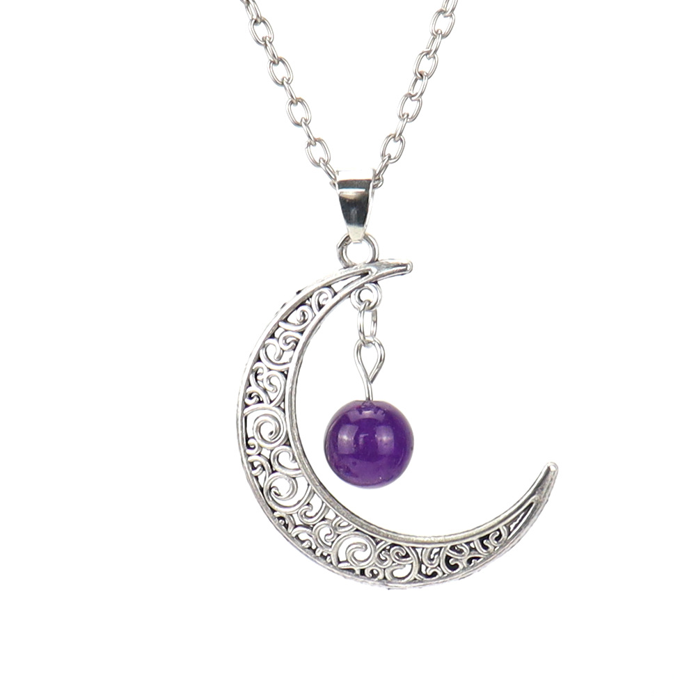 Collana con pendente a forma di luna cava di cristallo naturale in pietra Rero, perline da 10 mm, collana con ciondoli curativi in agata Reiki gioielli da donna