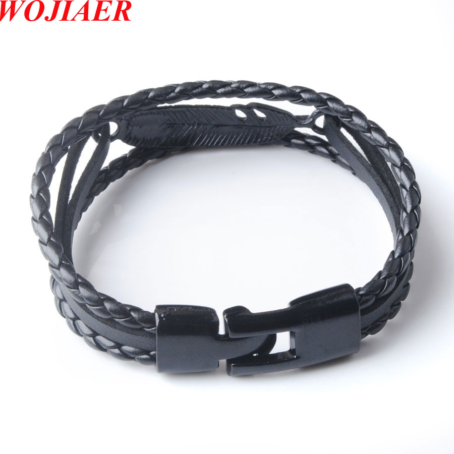 Vintage Feather Leather Multilayer Bracelet Men Fashion Braided Handmade Snap Rope Wrap Bracelets & Bangles Male Gift BC014