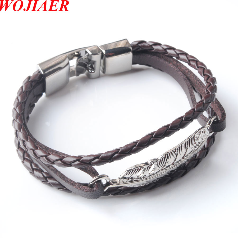 Vintage Feather Leather Multilayer Bracelet Men Fashion Braided Handmade Snap Rope Wrap Bracelets & Bangles Male Gift BC014