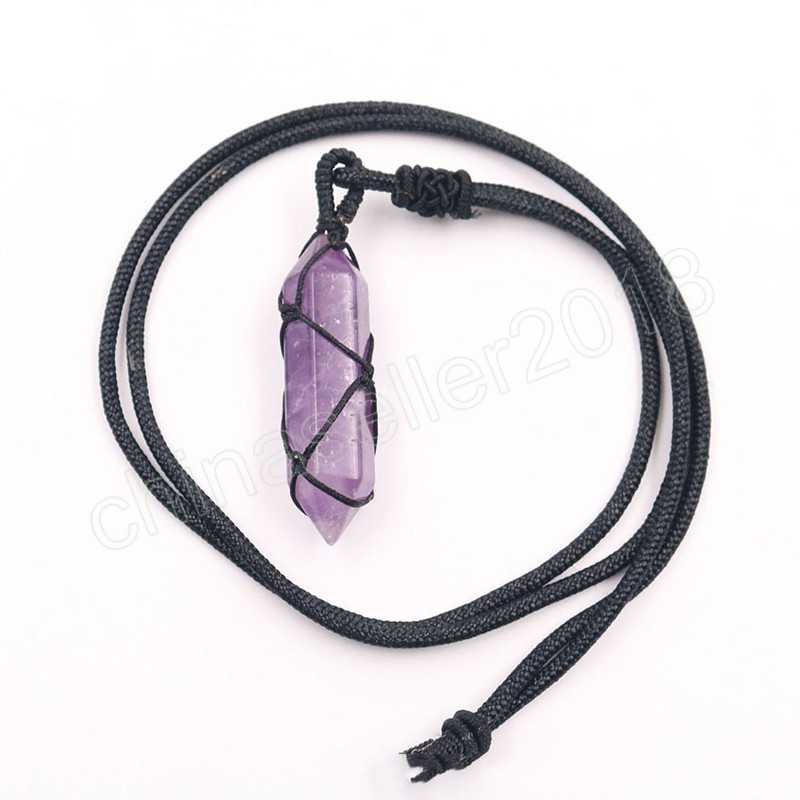 Envoltura de cuerda Collar de piedra natural Cuarzo rosa Aventurina Amatistas Hexagonal Cristal Péndulo Colgante Collares Mujeres Niñas Reiki