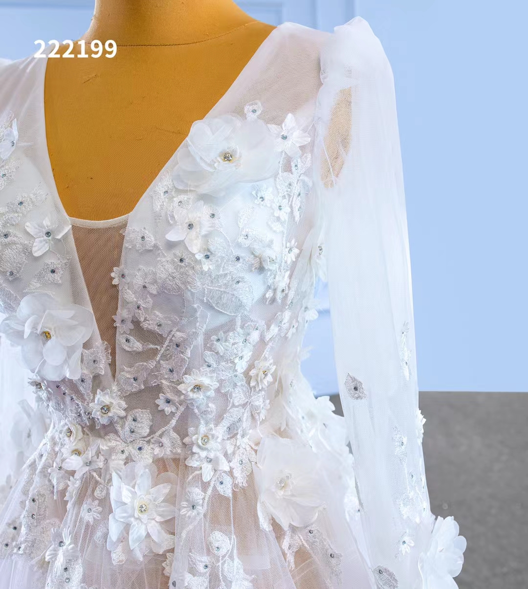 Sweetheart Wedding Dress Luxury Crystal Beaded Applique 3D Embroidery Deep V Long Sleeve 222199